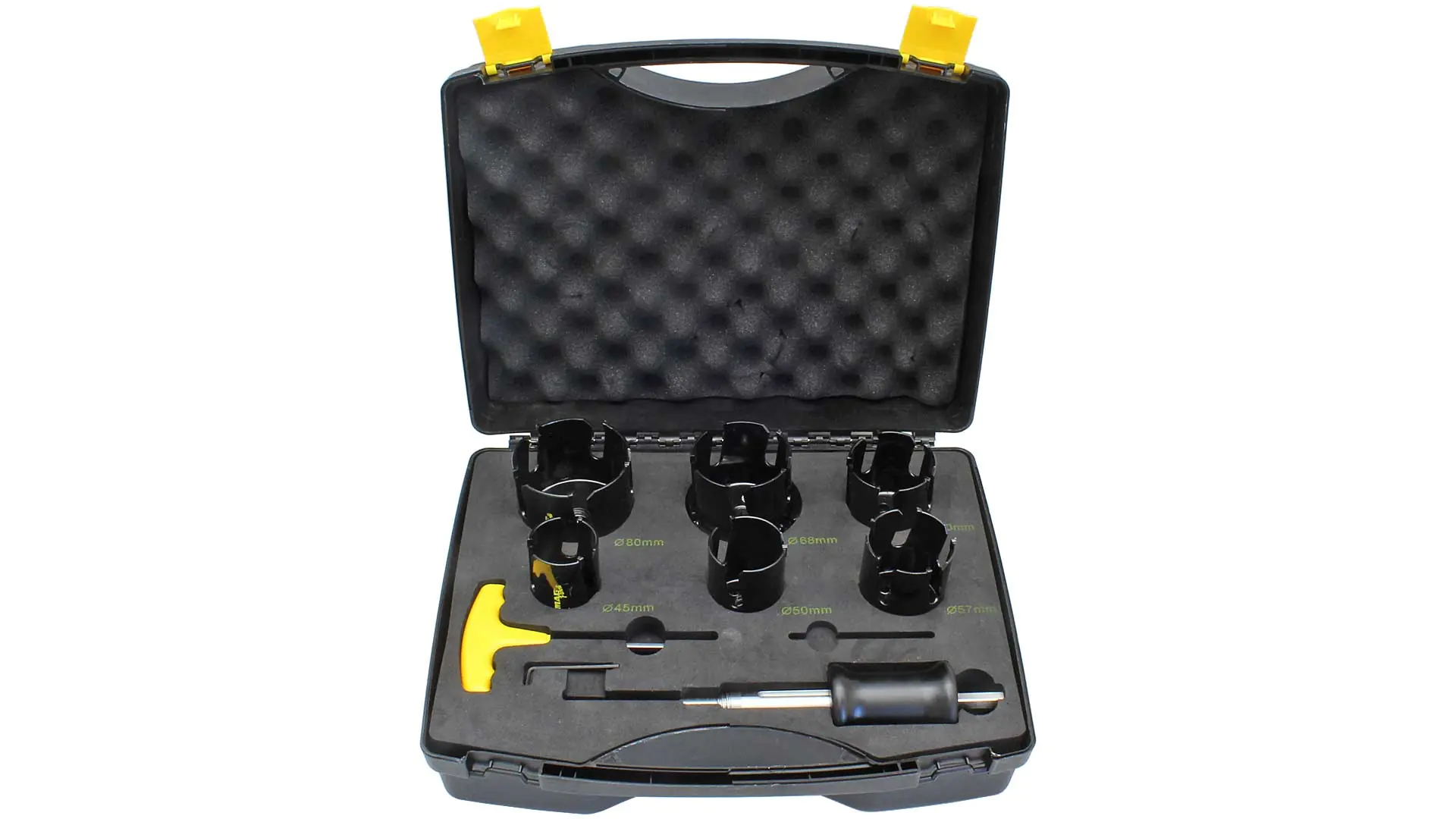 Set of TC PAROLI Hole Saws 45-50-57-60-68-80mm incl. edge countersink cap for Ø 68 mm + Pumpshank incl. 6 adapters & HSS centre drill Set of TC PAROLI Hole Saws 45-50-57-60-68-80mm incl. edge countersink cap for Ø 68 mm + Pumpshank incl. 6 adapters & HSS centre drill