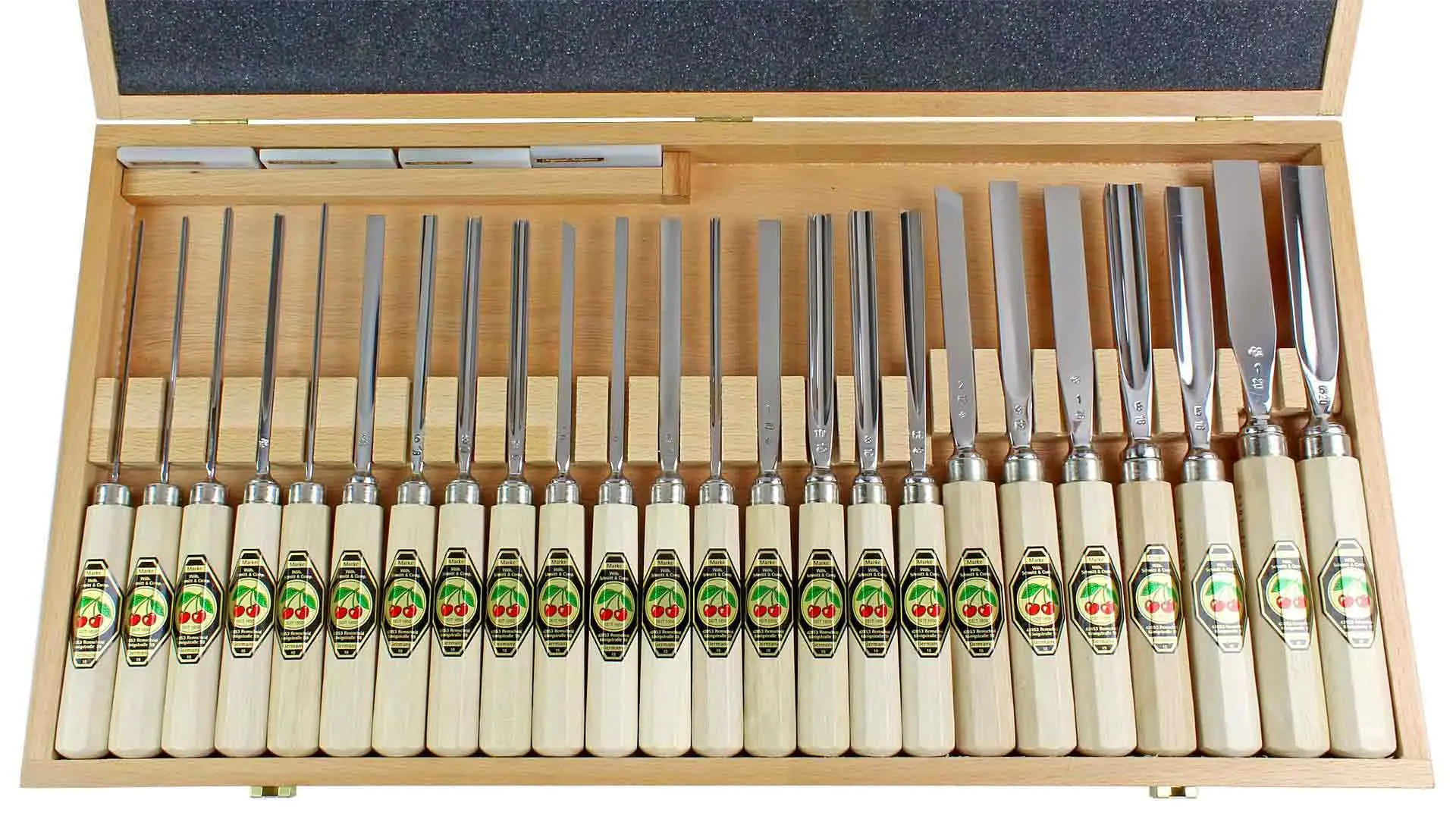 Set di 24 sgorbie in un cassetto di legno DUE CILIEGE Set di 24 sgorbie in un cassetto di legno DUE CILIEGE