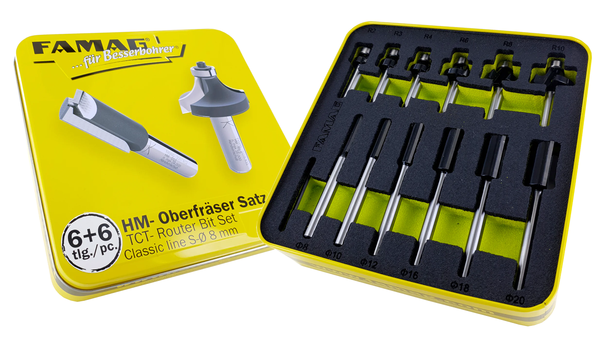 6+6 Set di frese per scanalature e arrotondamenti in scatola di metallo Classic Line FAMAG