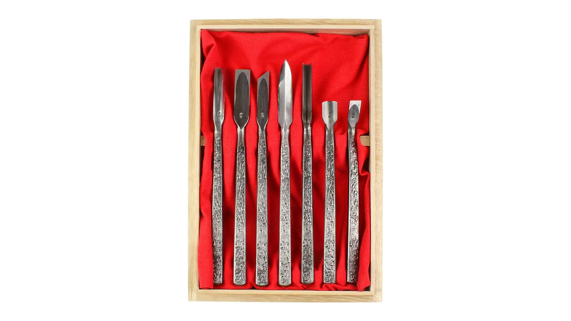 Set di 7 sgorbie mini Ryu con maniglie di acciaio in scatola di legno KAWASEI Set di 7 sgorbie mini Ryu con maniglie di acciaio in scatola di legno KAWASEI