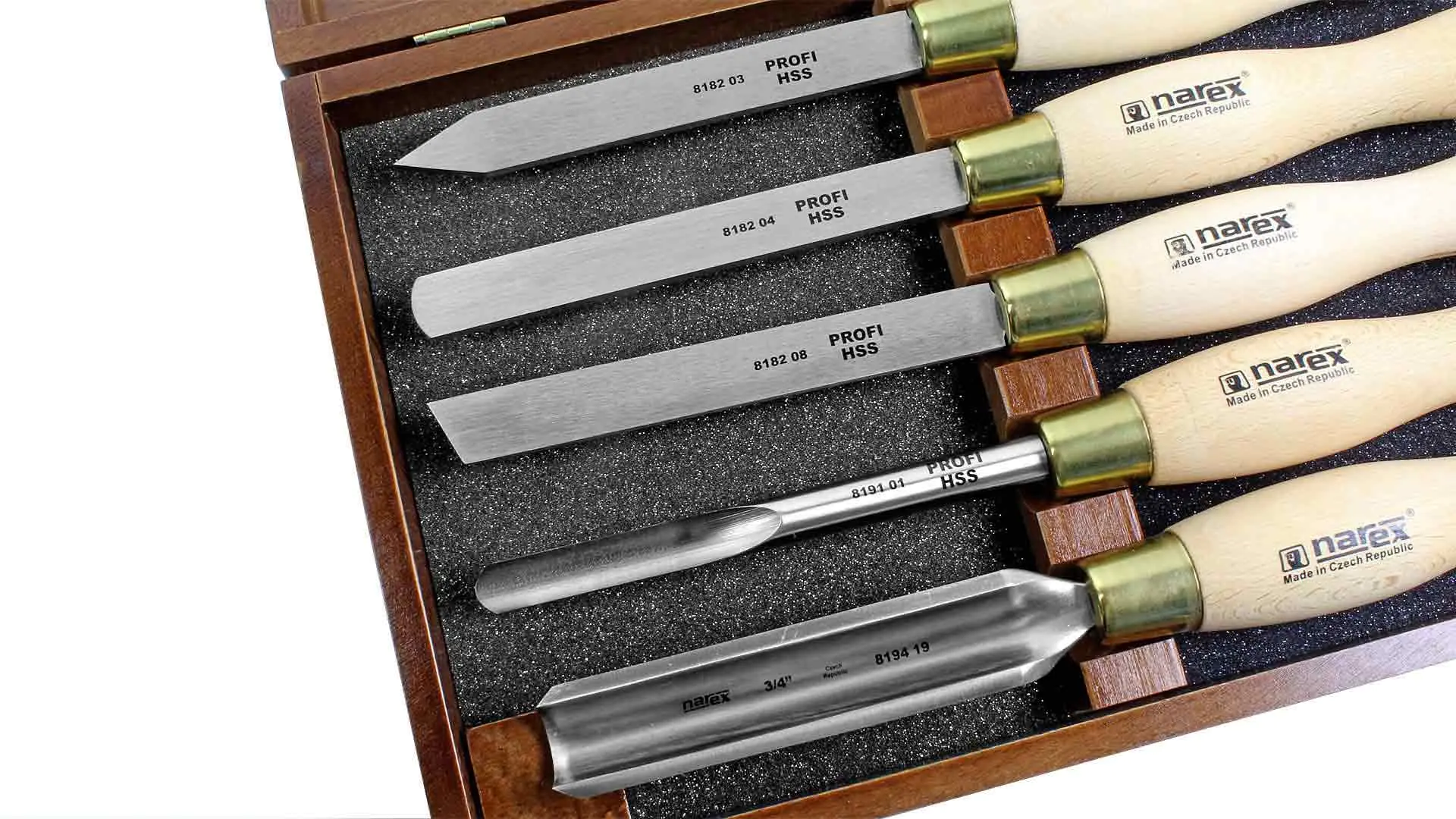 Set di 5 sgorbie HSS in cassetto di legno NAREX Set di 5 sgorbie HSS in cassetto di legno NAREX