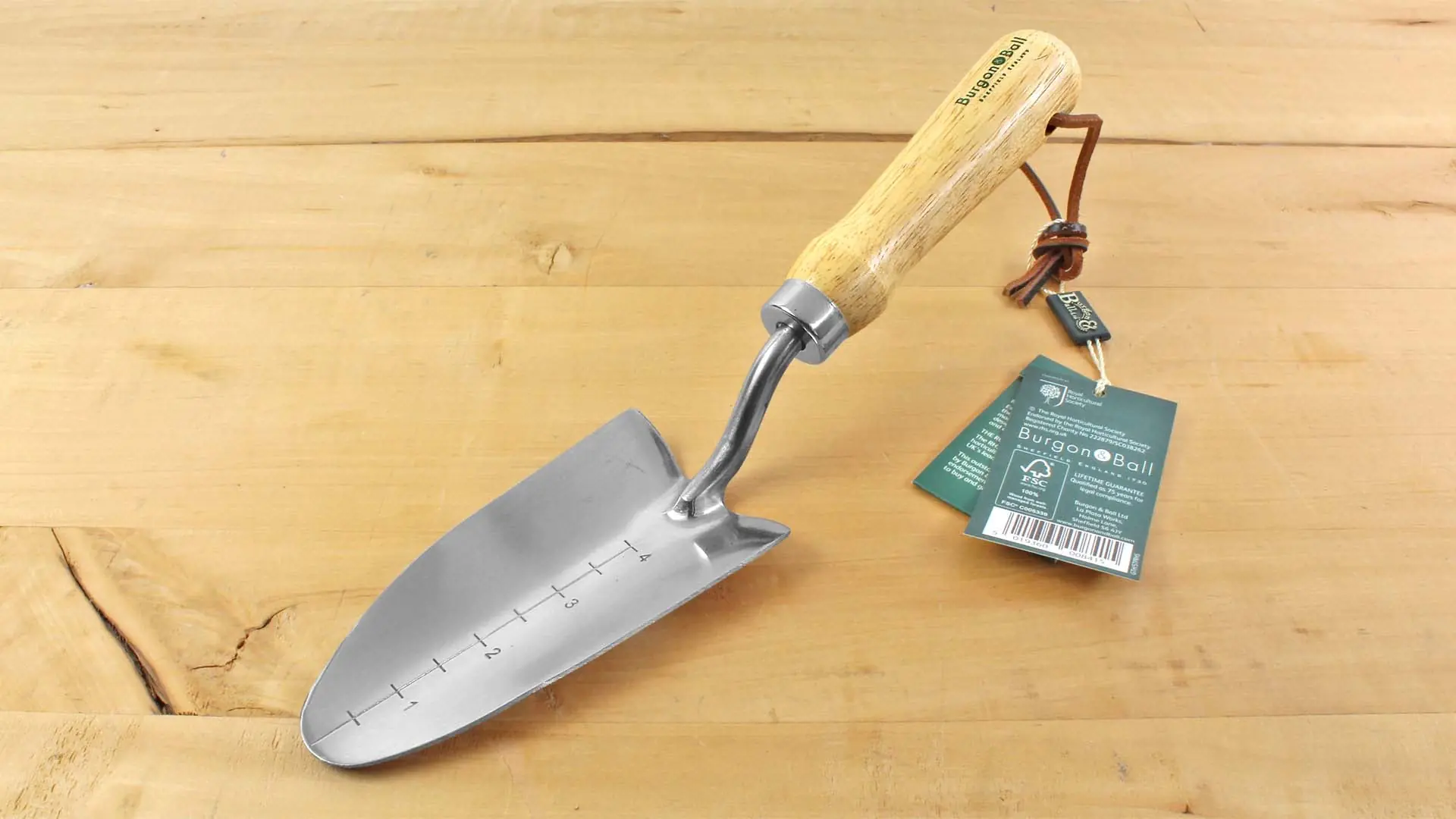 Cazzuola per piantare sottile acciaio inox con manico di legno lunghezza totale 300 mm BURGON & BALL