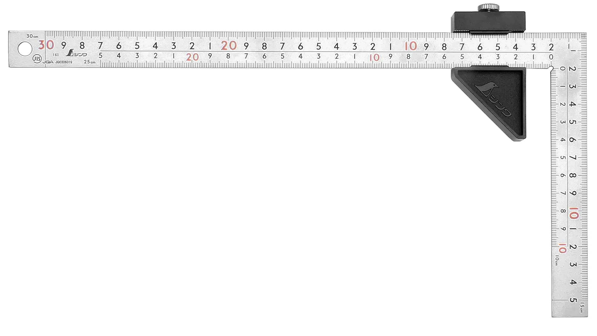 Squadra da carpentiere giapponese rigida, superficie placcata al cromo, 30 cm, cross section 20 x 2 mm, con Stopper SHINWA Squadra da carpentiere giapponese rigida, superficie placcata al cromo, 30 cm, cross section 20 x 2 mm, con Stopper SHINWA