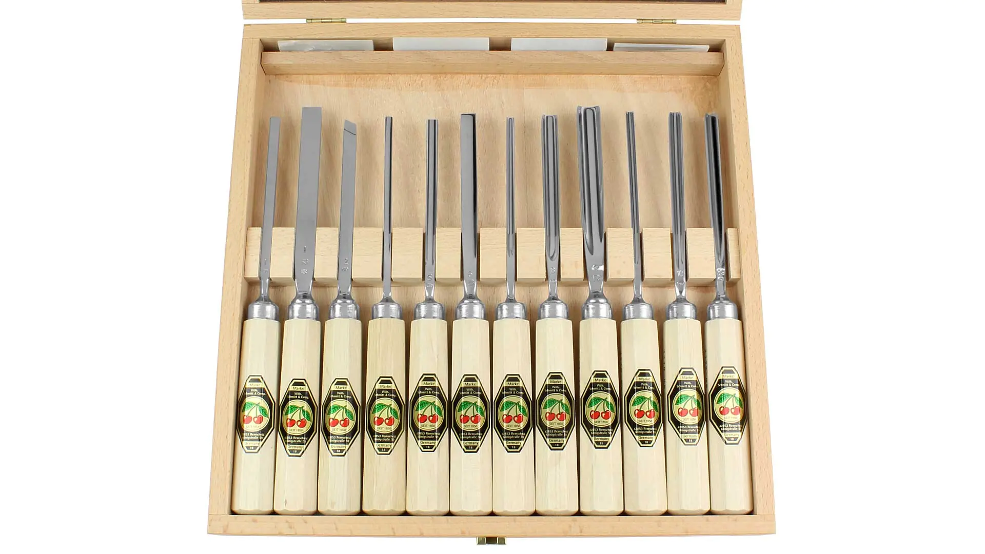 Set di 12 sgorbie in un cassetto di legno DUE CILIEGE Set di 12 sgorbie in un cassetto di legno DUE CILIEGE