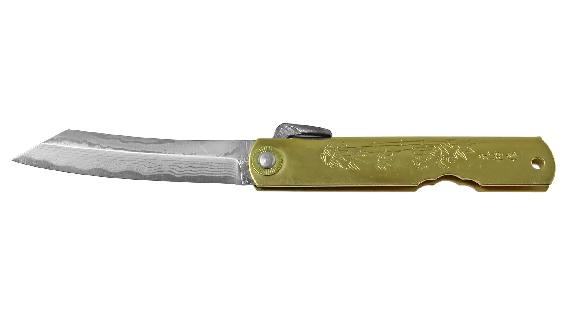Coltello tascabile giapponese con manico in ottone e lama in damasco "Higonokami"
