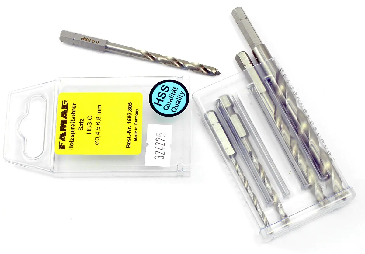 Set di 5 punte elicodali per legno lungo HSS-G a inserto 3-4-5-6-8mm FAMAG