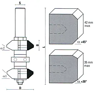 Frese componibili per doppio raggio smusso con cuscinetto a sfera TCT D=35mm B=14mm Angle1=45°  Angle2=30° L=108mm S=8mm KLEIN