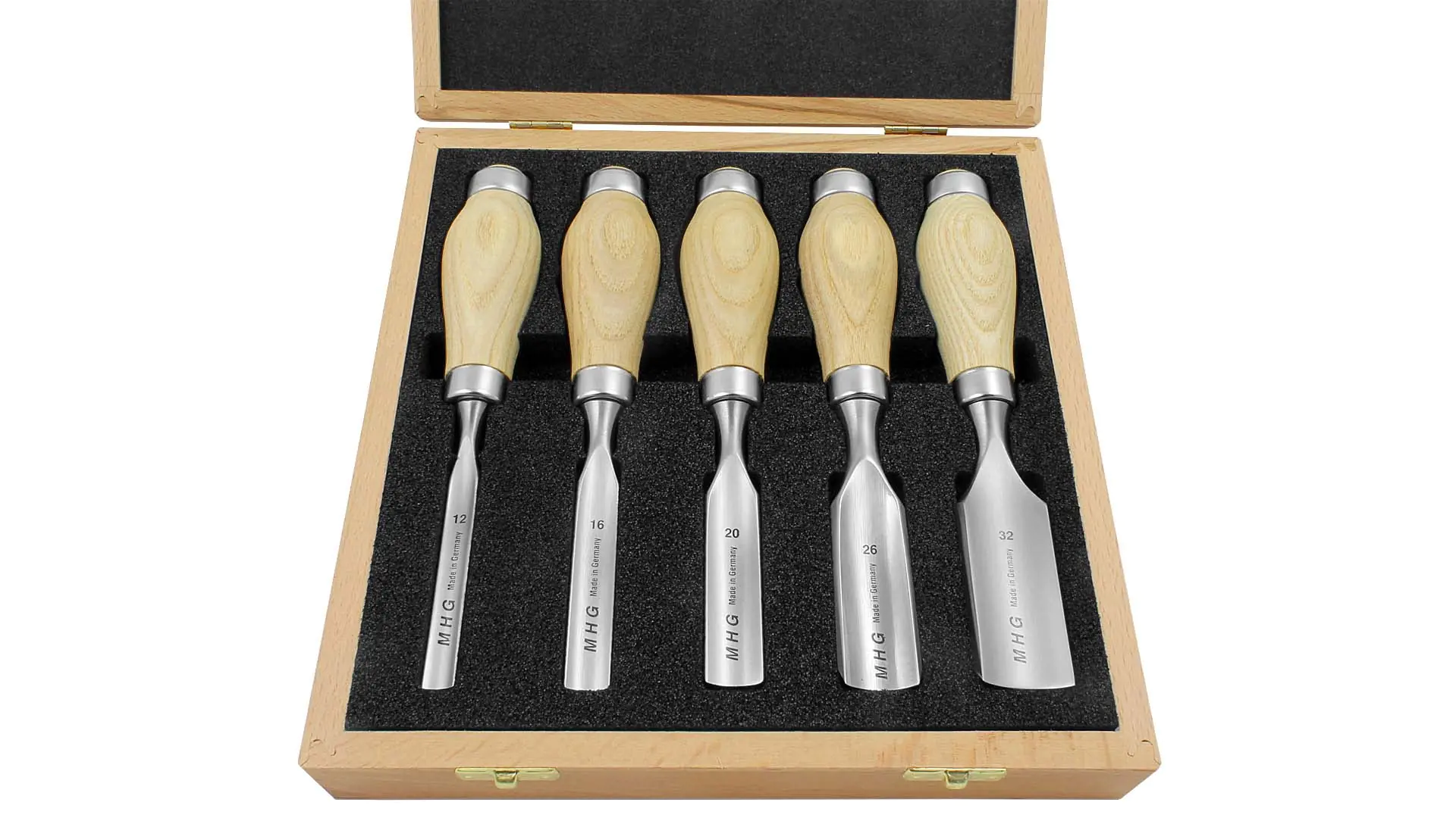 Set di sgorbie corte 12-16-20-26-32 mm in scatola di legno MHG