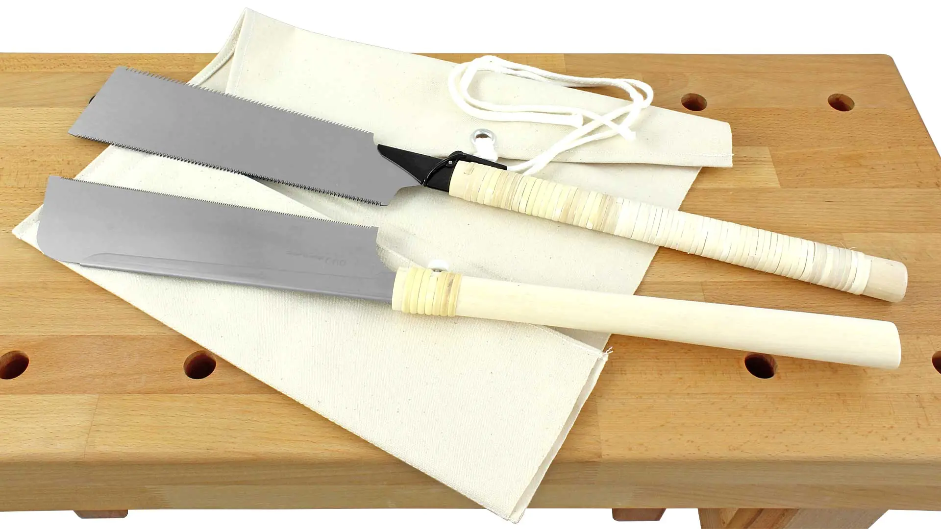 Set di 2 seghe giapponesi consistente di Ryoba 309310 - Dozuki 312028 e custiodia in tessuto naturale 309858