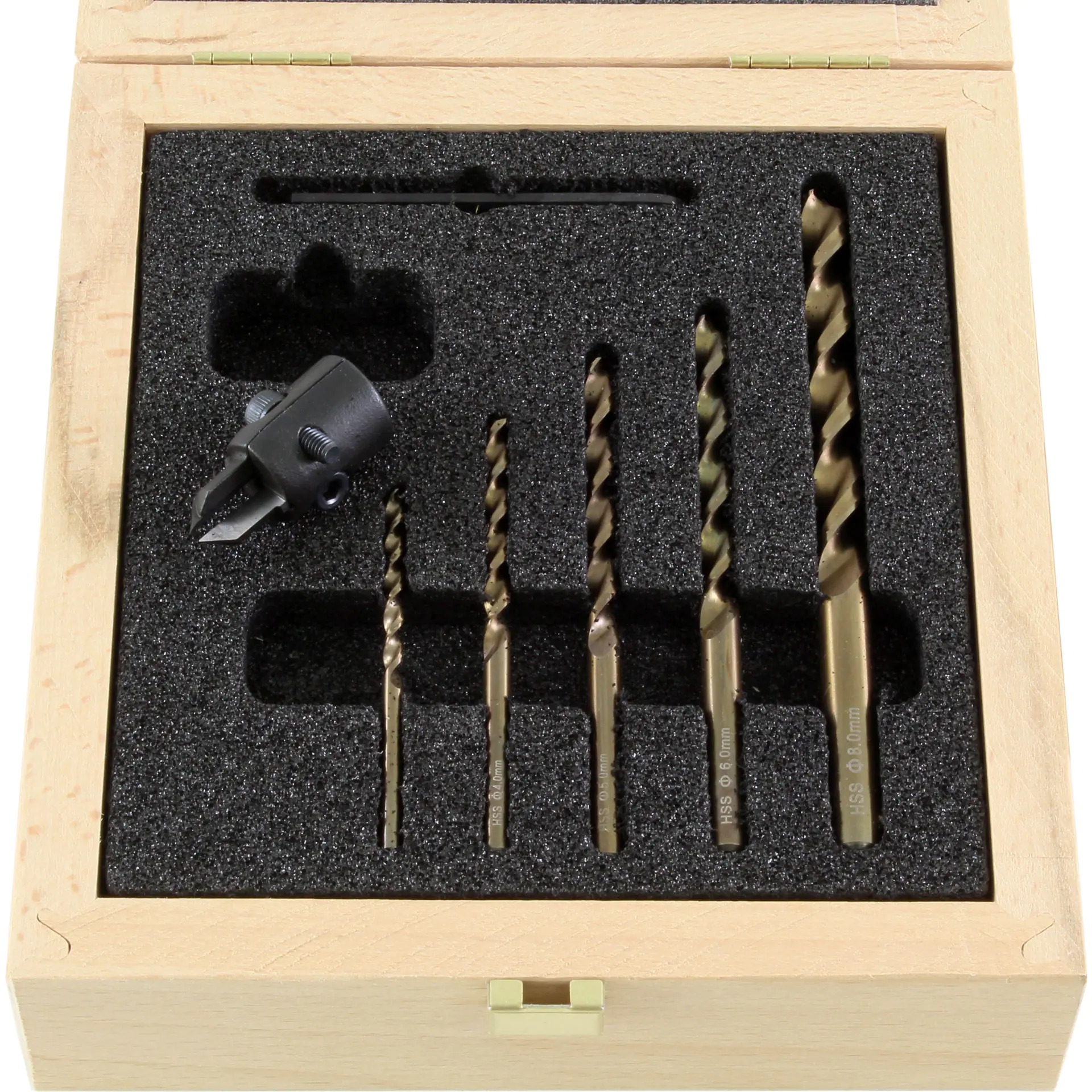 Set di svasatore a innesto Vario 90° e HSS-G punte 3-4-5-8 mm in scatola di legno FAMAG