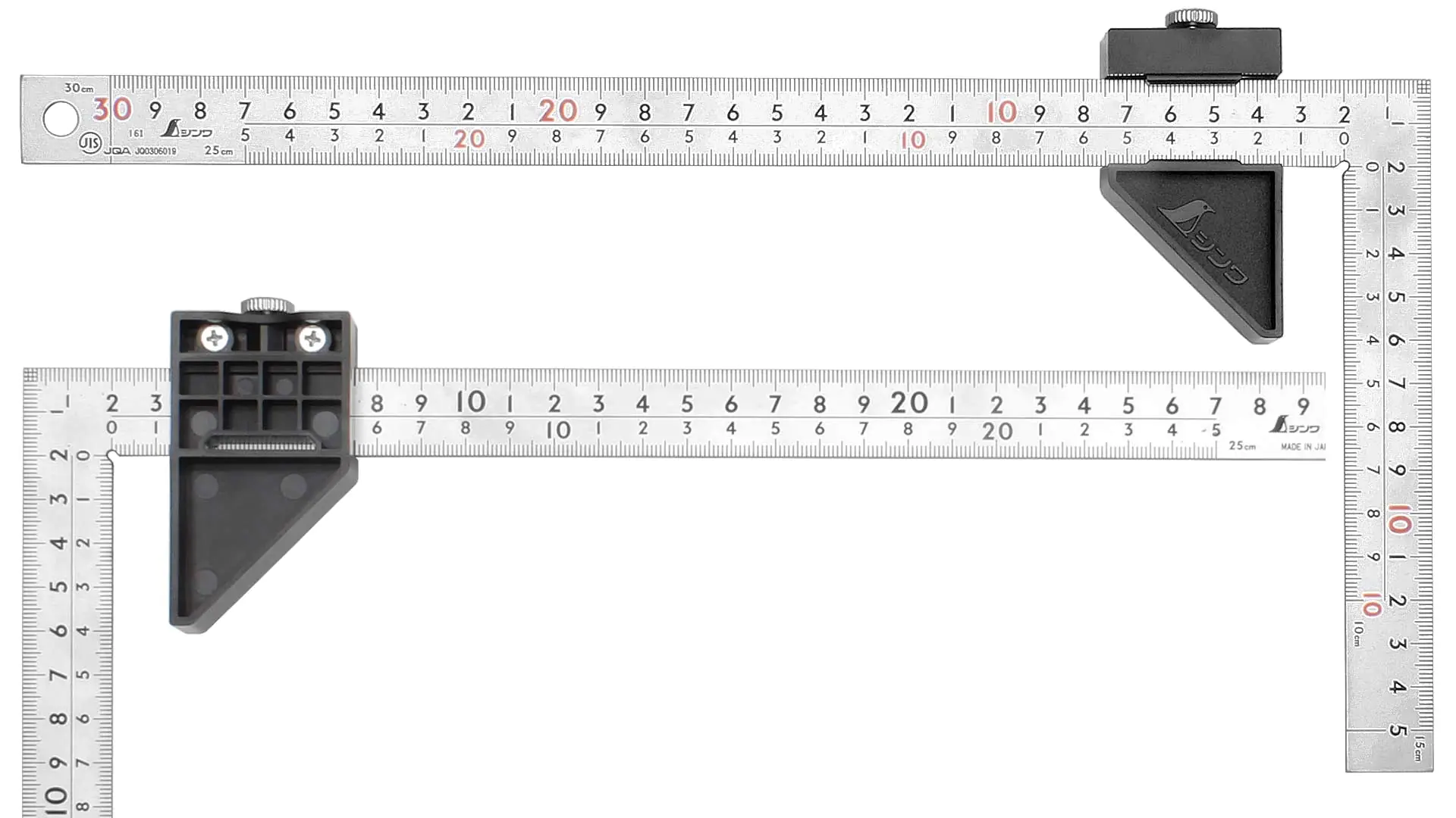Squadra da carpentiere giapponese rigida, superficie placcata al cromo, 30 cm, cross section 20 x 2 mm, con Stopper SHINWA Squadra da carpentiere giapponese rigida, superficie placcata al cromo, 30 cm, cross section 20 x 2 mm, con Stopper SHINWA