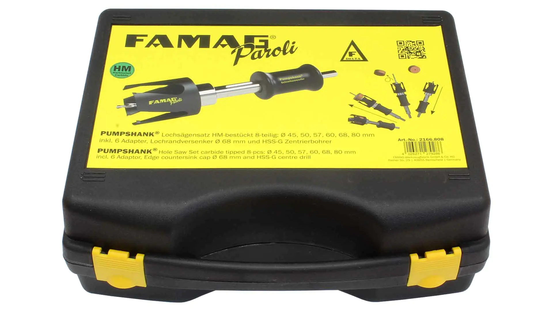 Set of TC PAROLI Hole Saws 45-50-57-60-68-80mm incl. edge countersink cap for Ø 68 mm + Pumpshank incl. 6 adapters & HSS centre drill Set of TC PAROLI Hole Saws 45-50-57-60-68-80mm incl. edge countersink cap for Ø 68 mm + Pumpshank incl. 6 adapters & HSS centre drill