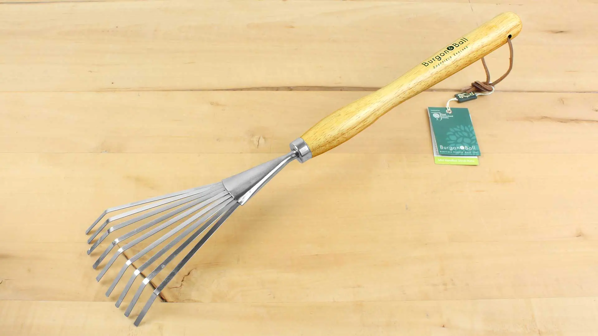 Rastrello acciaio inox con manico di legno lungo lunghezza totale 580 mm BURGON & BALL
