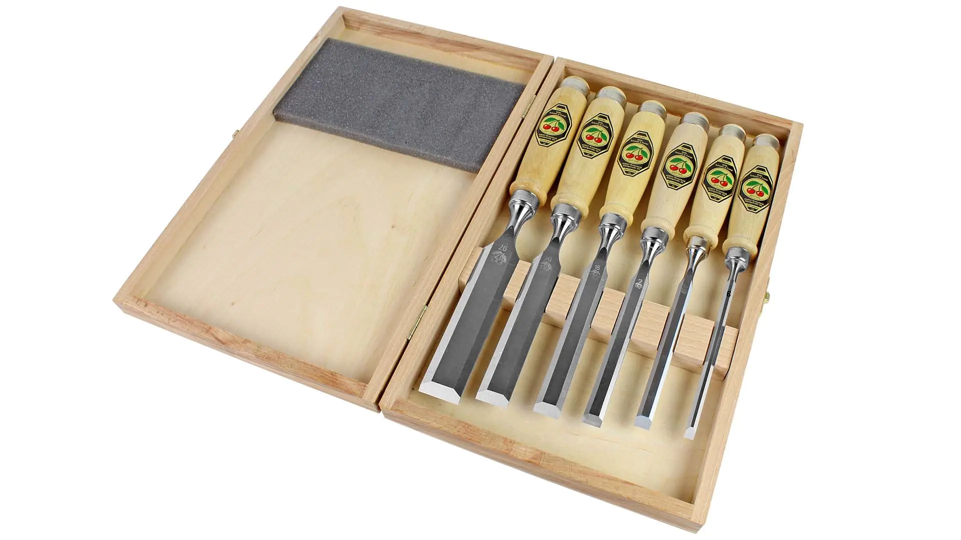 Set di 6 scalpelli - versione non lucidata - con manico di legno in scatola di legno DUE CILIEGIE
