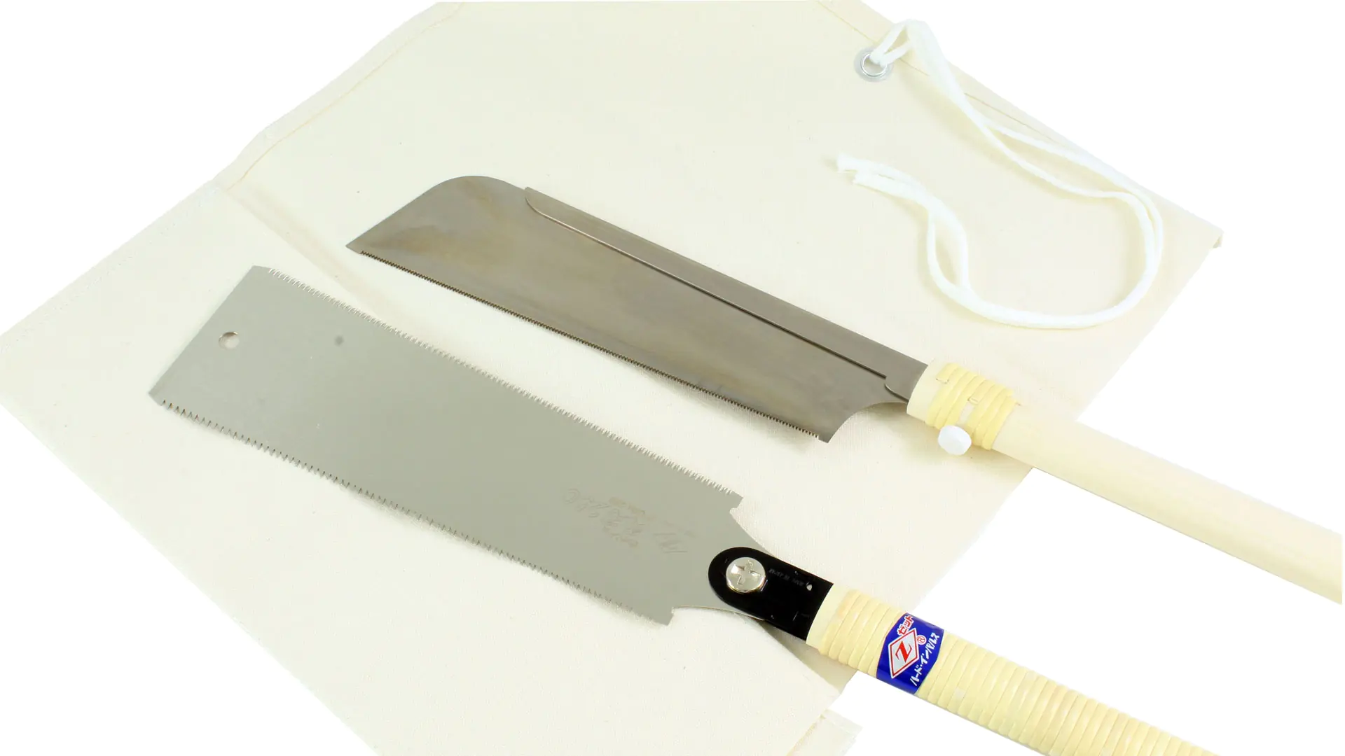 Set di 2 seghe giapponesi consistente di Ryoba 313780 - Dozuki 312028 e custiodia in tessuto naturale 309858