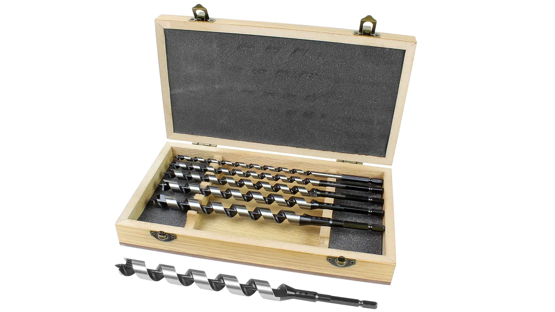 Set di 6 trivelle a elica 6-8-10-12-14-16 mm LT 235mm in scatola di legno Set di 6 trivelle a elica 6-8-10-12-14-16 mm LT 235mm in scatola di legno