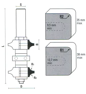 Frese componibili a doppio raggio con cuscinetto a sfera TCT D=35mm R1=6.4mm R2=4.8mm B=14mm L=108mm S=8mm KLEIN