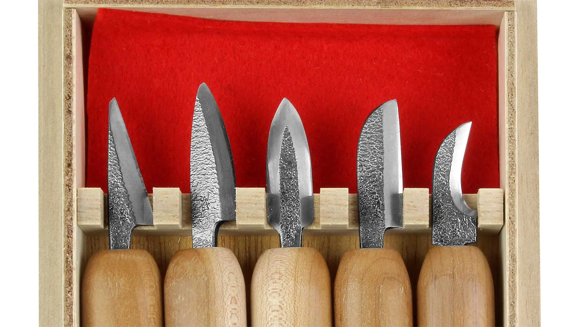 Set di 5 atrezzi da intaglio Hide lame battuta a mano in scatola di legno KAWASEI Set di 5 atrezzi da intaglio Hide lame battuta a mano in scatola di legno KAWASEI
