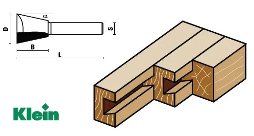 Frese per incastri a coda di rondine TCT D=12.7mm B=13mm L=49mm Angolatura=14° S=8mm KLEIN Frese per incastri a coda di rondine TCT D=12.7mm B=13mm L=49mm Angolatura=14° S=8mm KLEIN