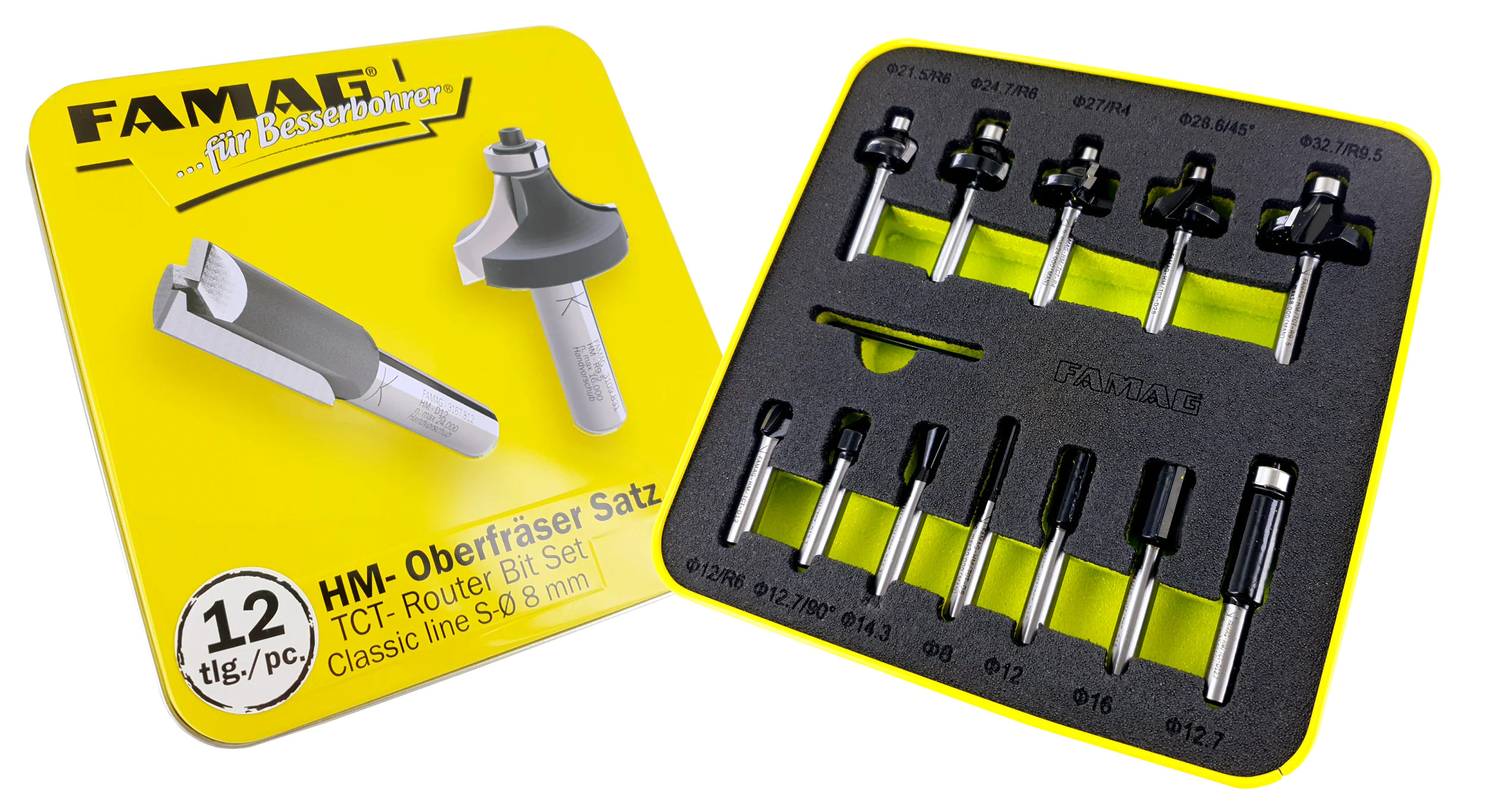 Set di 12 frese superiori in scatola di metallo Classic Line FAMAG