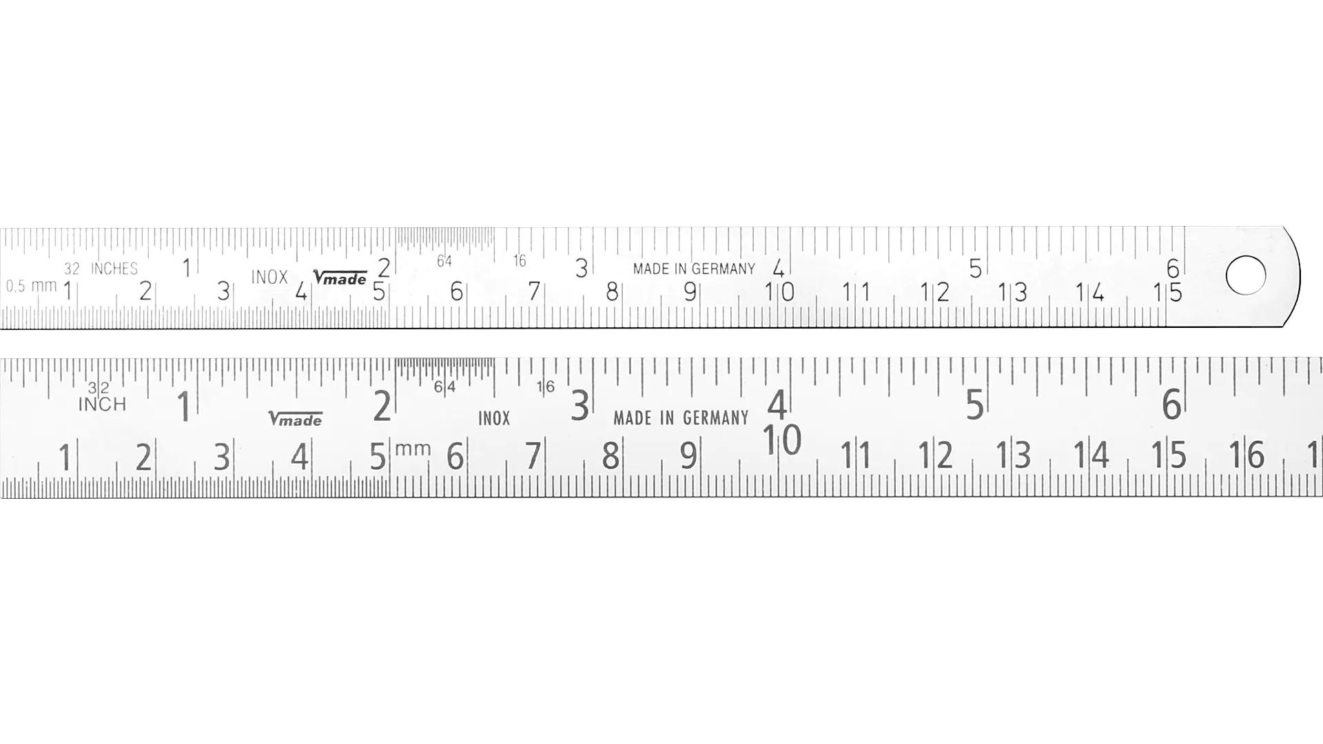 Righello in acciaio, lettura da sinistra a destra (standard), suddivisione 1/32 di pollice in alto, suddivisione in mm in basso, flessibile