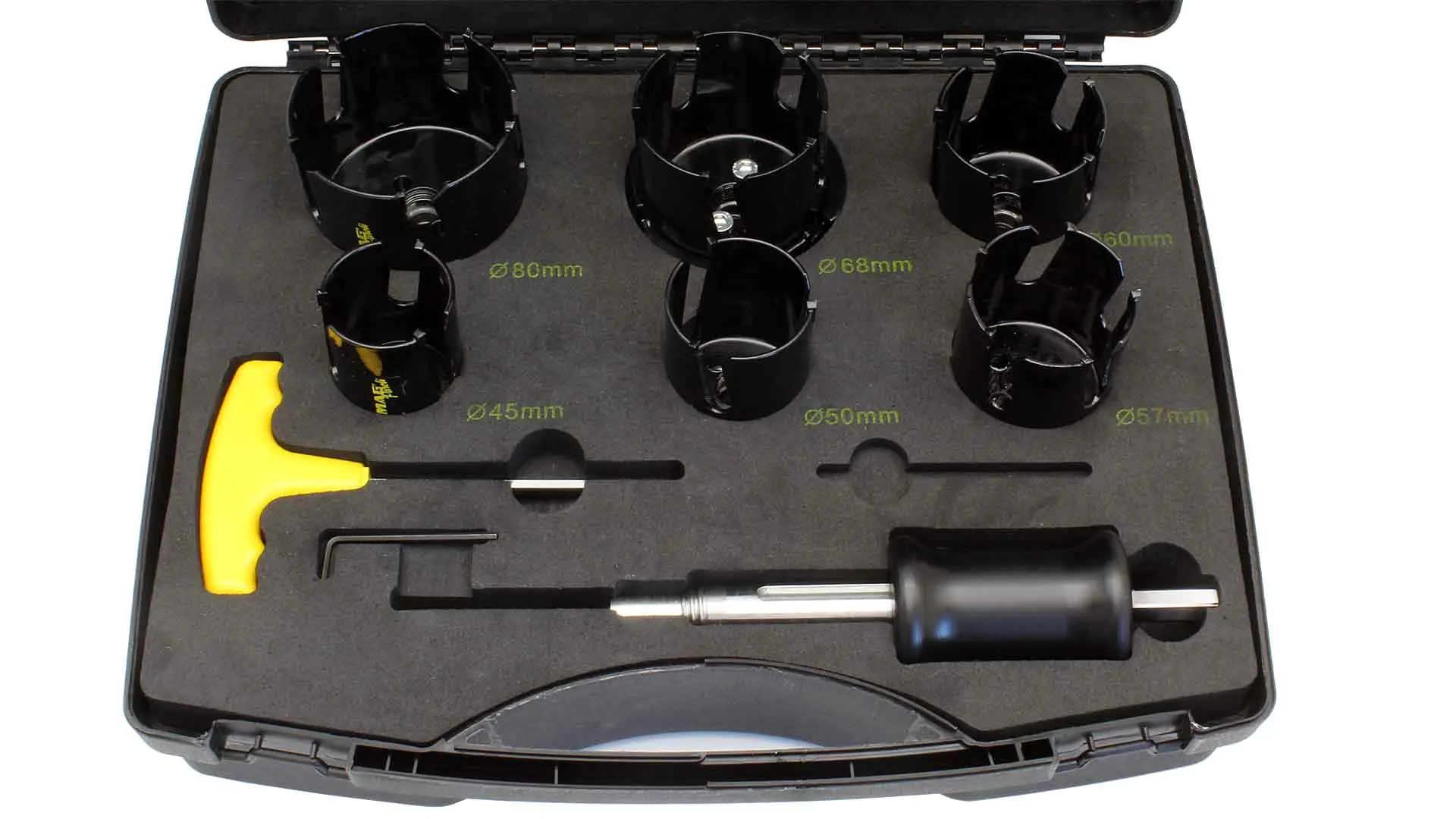 Set of TC PAROLI Hole Saws 45-50-57-60-68-80mm incl. edge countersink cap for Ø 68 mm + Pumpshank incl. 6 adapters & HSS centre drill Set of TC PAROLI Hole Saws 45-50-57-60-68-80mm incl. edge countersink cap for Ø 68 mm + Pumpshank incl. 6 adapters & HSS centre drill