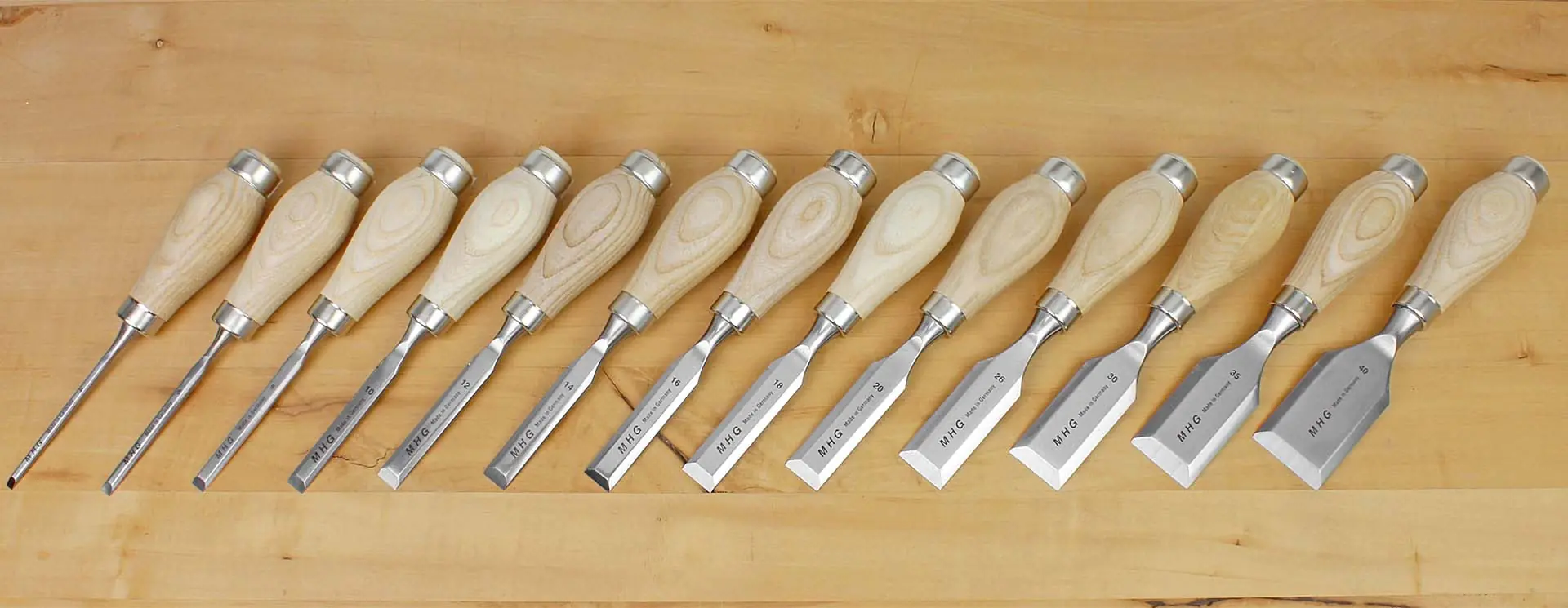 Set di 13 scalpelli corti con manico in frassino 4-6-8-10-12-14-16-18-20-26-30-35-40 mm MHG
