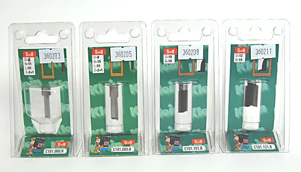 Set di 4 frese dritte 6 - 8 - 10 - 12 mm (consistente dei nr. 360203/360205/360208/360211) KLEIN Set di 4 frese dritte 6 - 8 - 10 - 12 mm (consistente dei nr. 360203/360205/360208/360211) KLEIN