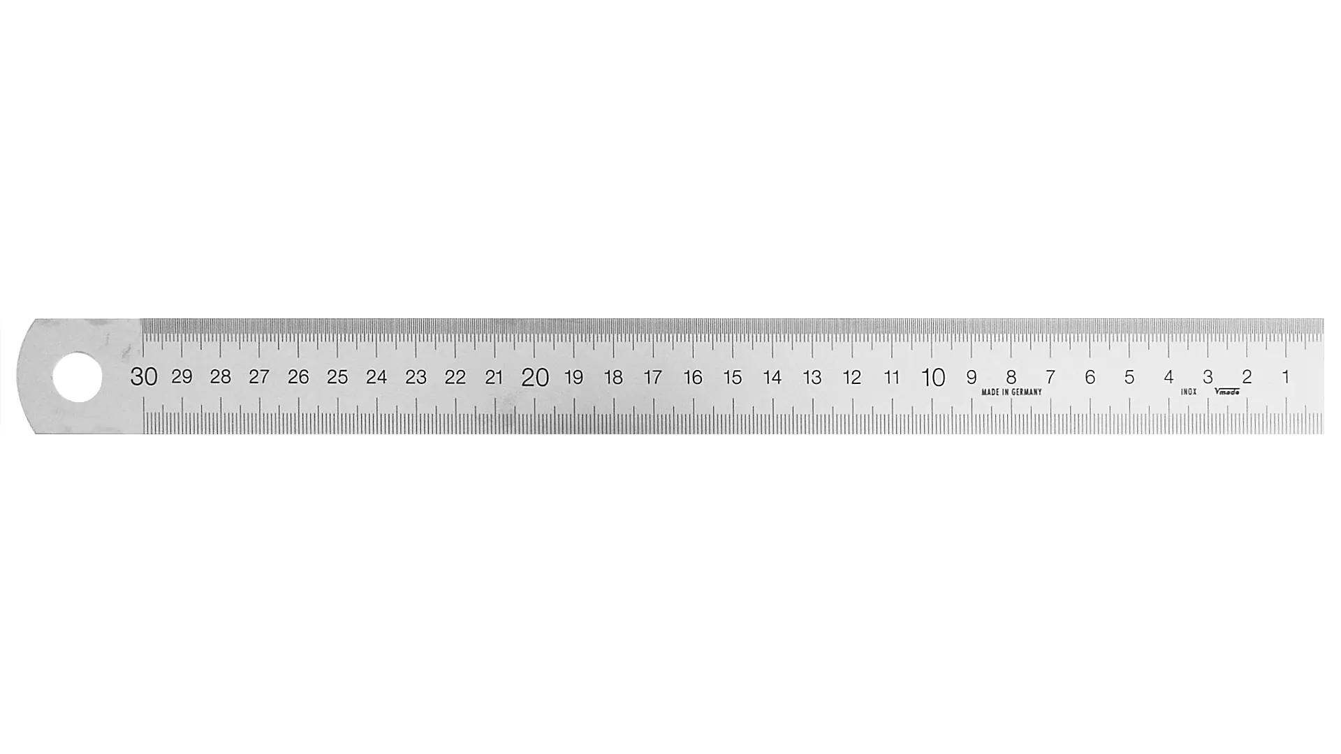 Ampio righello in acciaio, lettura da destra a sinistra, divisione di 1/2 mm sul bordo superiore, divisione di 1 mm sul bordo inferiore, cifre indicano cm, rigido ma ancora arrotolabile.