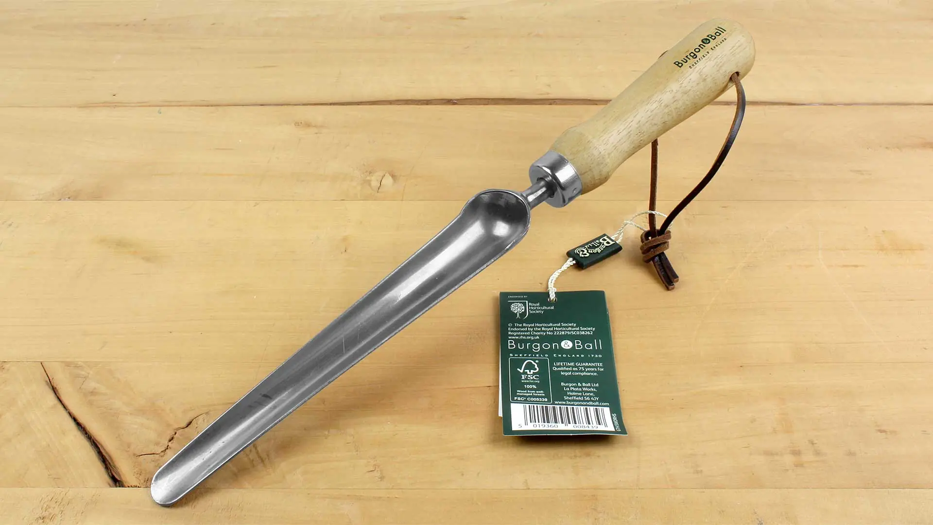 Scazzuola per piantare estremamente angusta acciaio inox con manico di legno lunghezza totale 320 mm BURGON & BALL