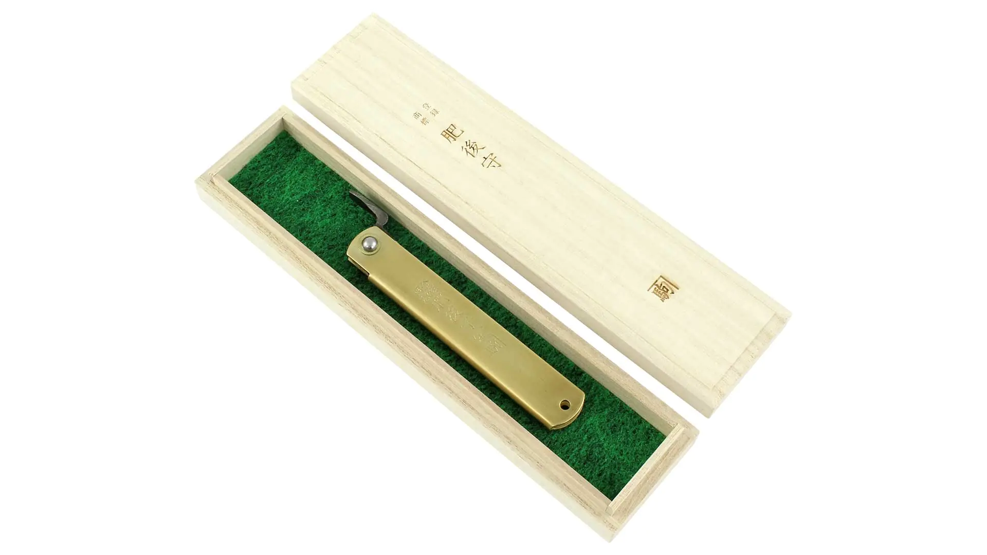 Higonokami - Coltello giapponese tascabile con manico di ottone lama damascata 90 mm in cassettino di legno KAWASEI