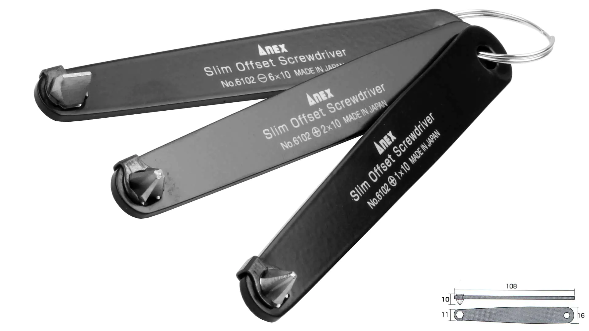 Set di 3 giraviti ad angolo PH1-PH2-intalgio 6mm altezza di lavoro solo 10 mm ANEX