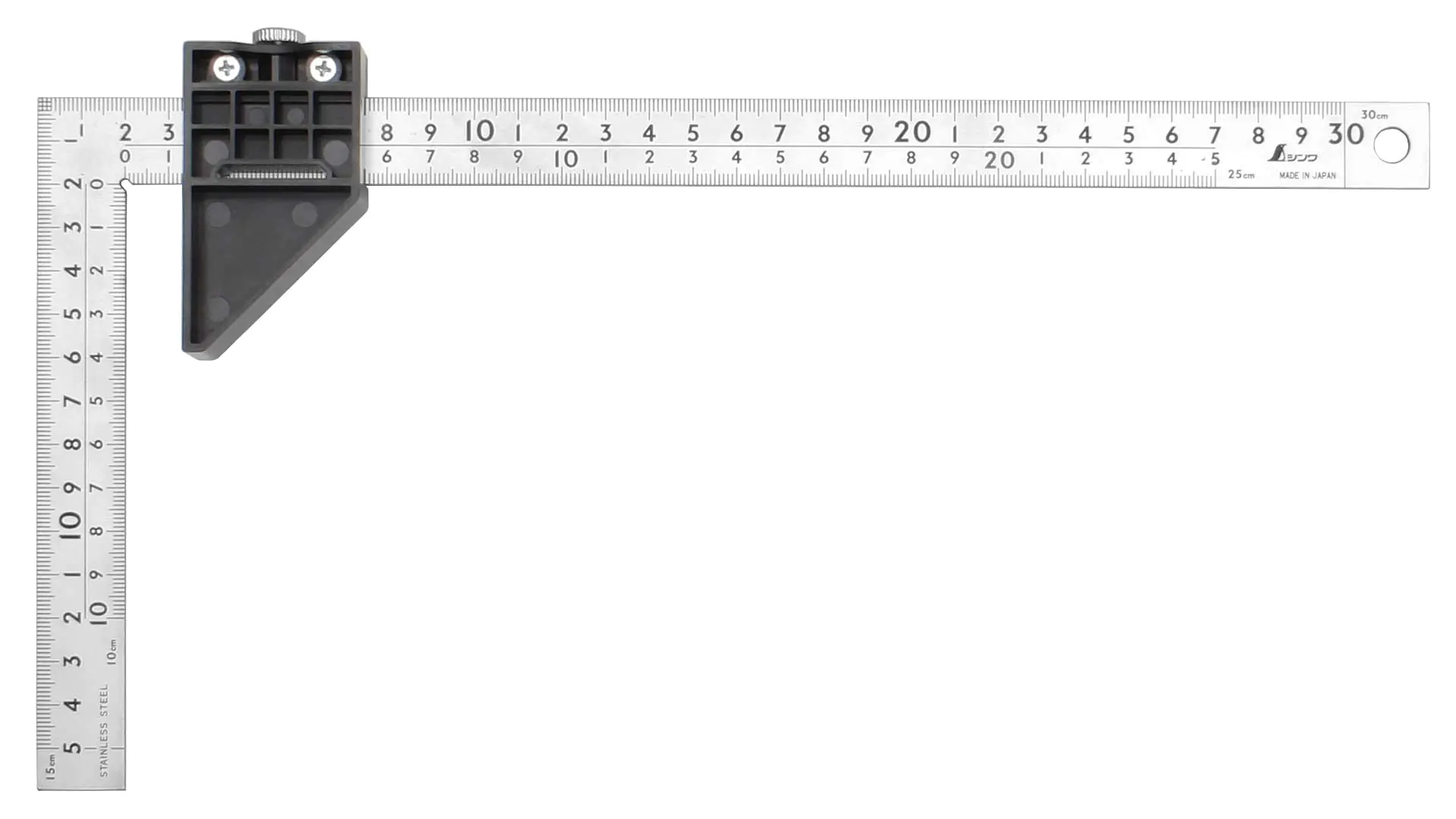Squadra da carpentiere giapponese rigida, superficie placcata al cromo, 30 cm, cross section 20 x 2 mm, con Stopper SHINWA Squadra da carpentiere giapponese rigida, superficie placcata al cromo, 30 cm, cross section 20 x 2 mm, con Stopper SHINWA