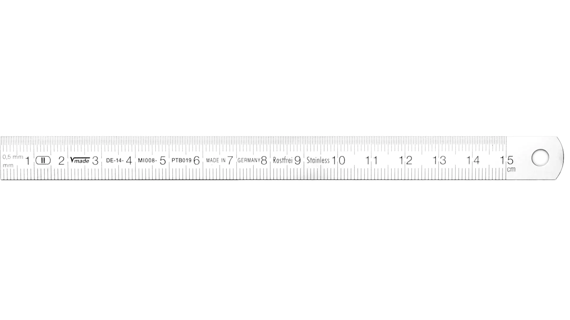 Righello in acciaio, lettura da sinistra a destra (standard), divisione di 1/2 mm sul bordo superiore, divisione in mm sul bordo inferiore, flessibile