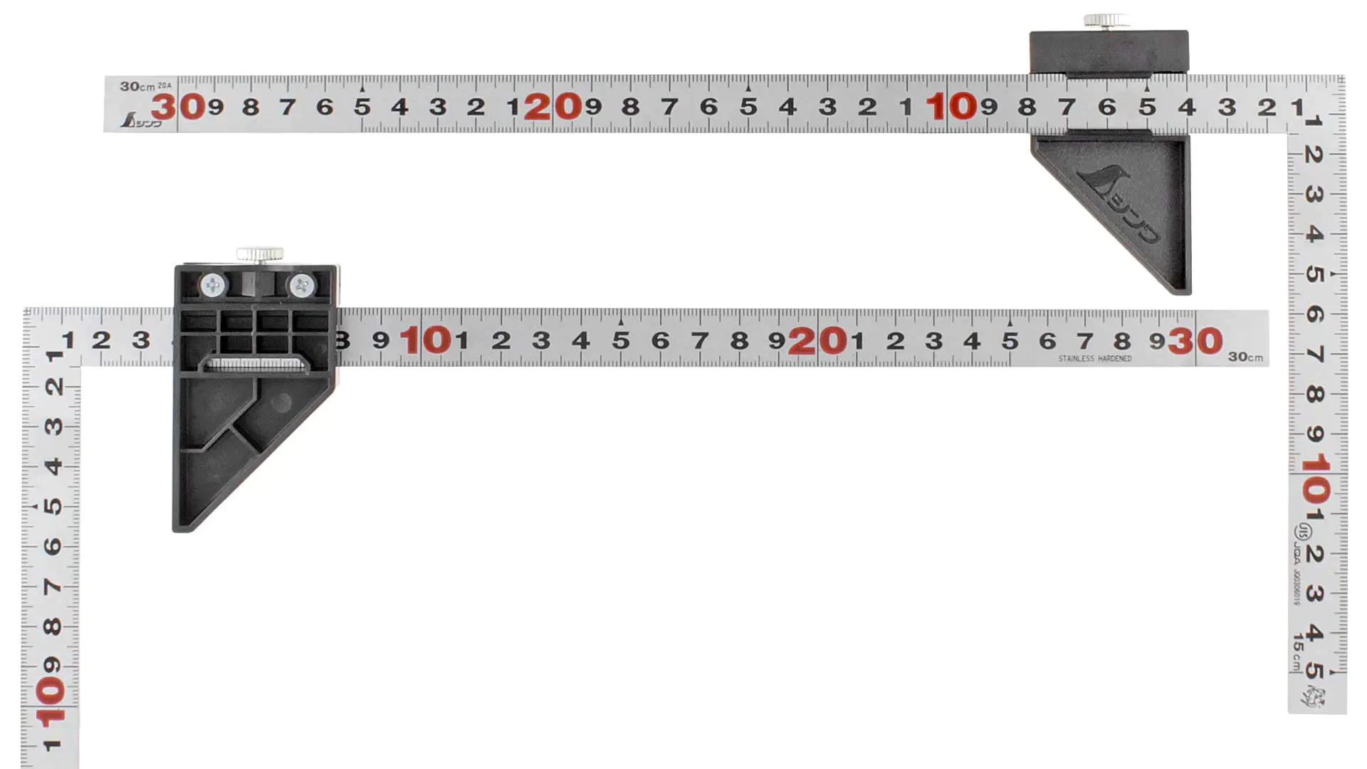 Squadra da carpentiere giapponese rigida, superficie placcata al cromo, 30 cm, cross section 15 x 1 mm, con Stopper SHINWA Squadra da carpentiere giapponese rigida, superficie placcata al cromo, 30 cm, cross section 15 x 1 mm, con Stopper SHINWA